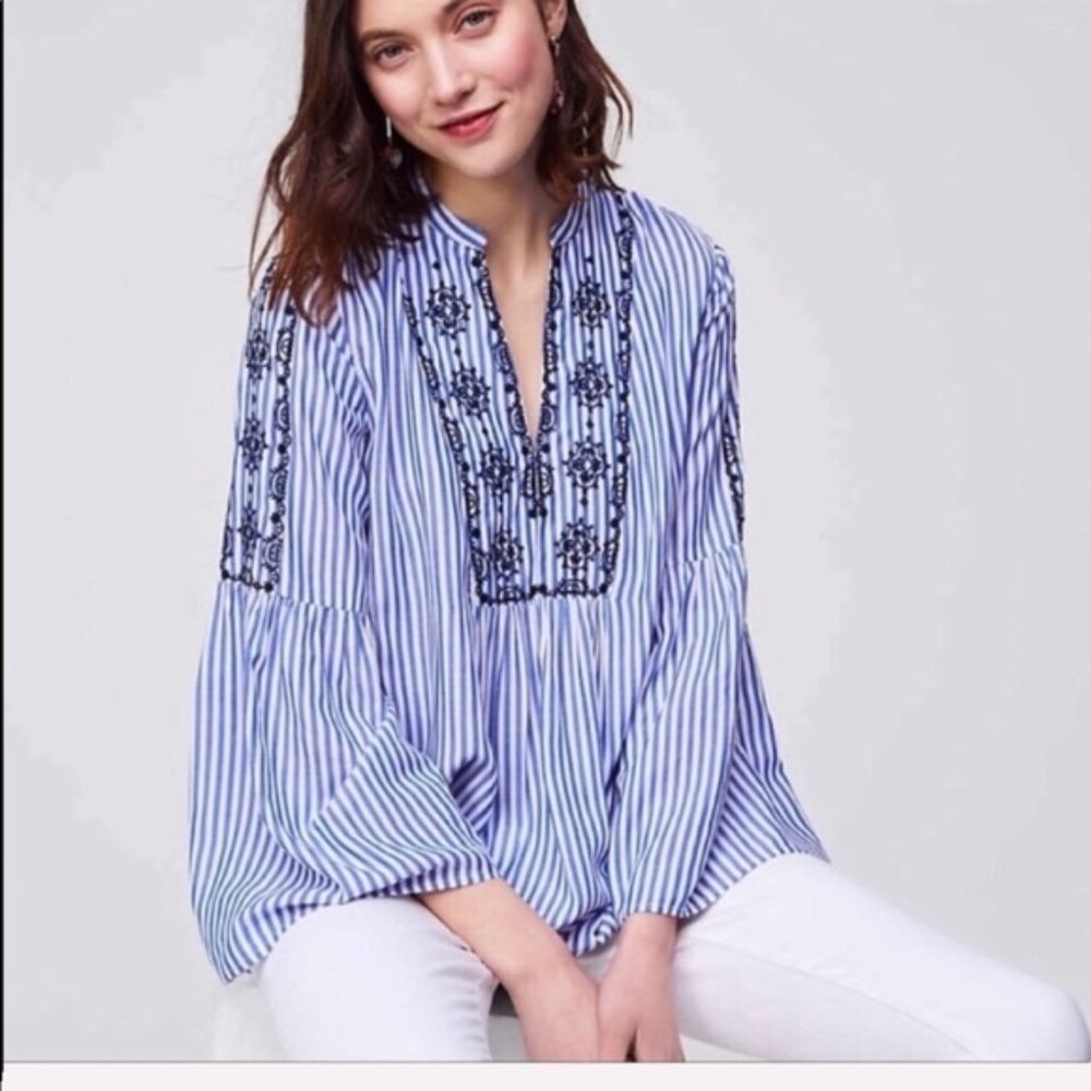 LOFT Blue White Striped Embroidered Bell Sleeve Blouse Split Neck Top Womens XS